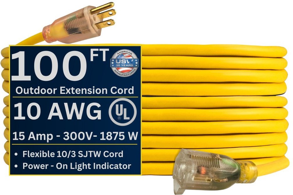 10 gauge Yellow Lighted Extension Cords 100-ft 10 / 3 3 Prong Yellow Outdoor SJTW Heavy Duty Lighted Extension Cord