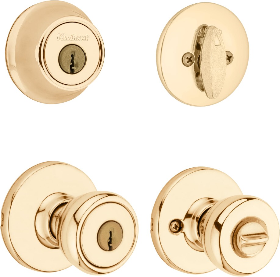 Tylo Polished Brass Exterior Single-Cylinder Deadbolt and Keyed Entry Door Knob Combo Pack