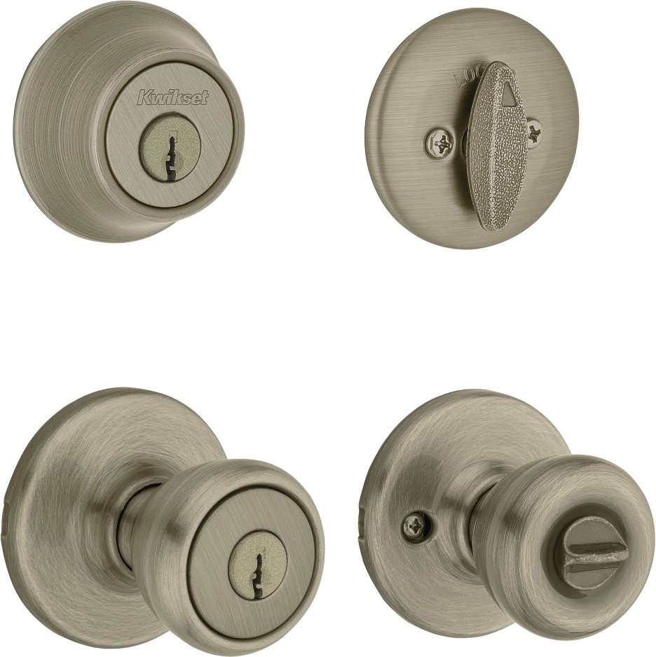 Tylo Antique Brass Exterior Single-Cylinder Deadbolt and Keyed Entry Door Knob Combo Pack