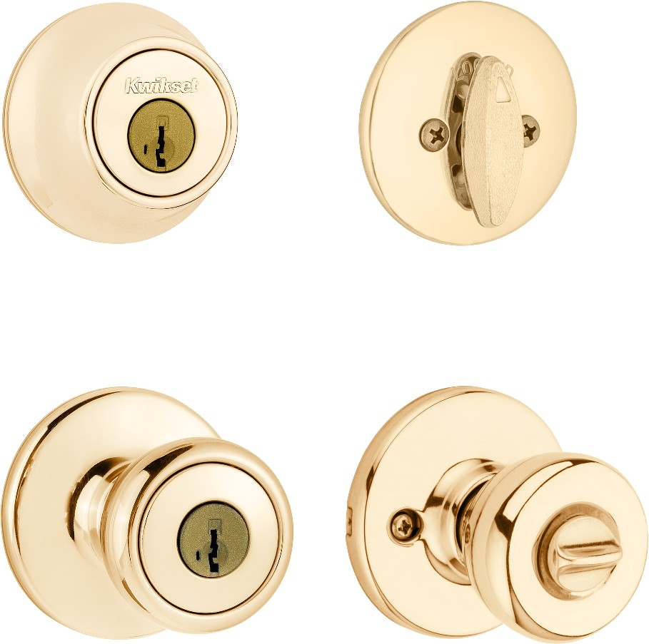 Tylo Polished Brass Exterior Single-Cylinder Deadbolt and Keyed Entry Door Knob Combo Pack ft. SmartKey Security