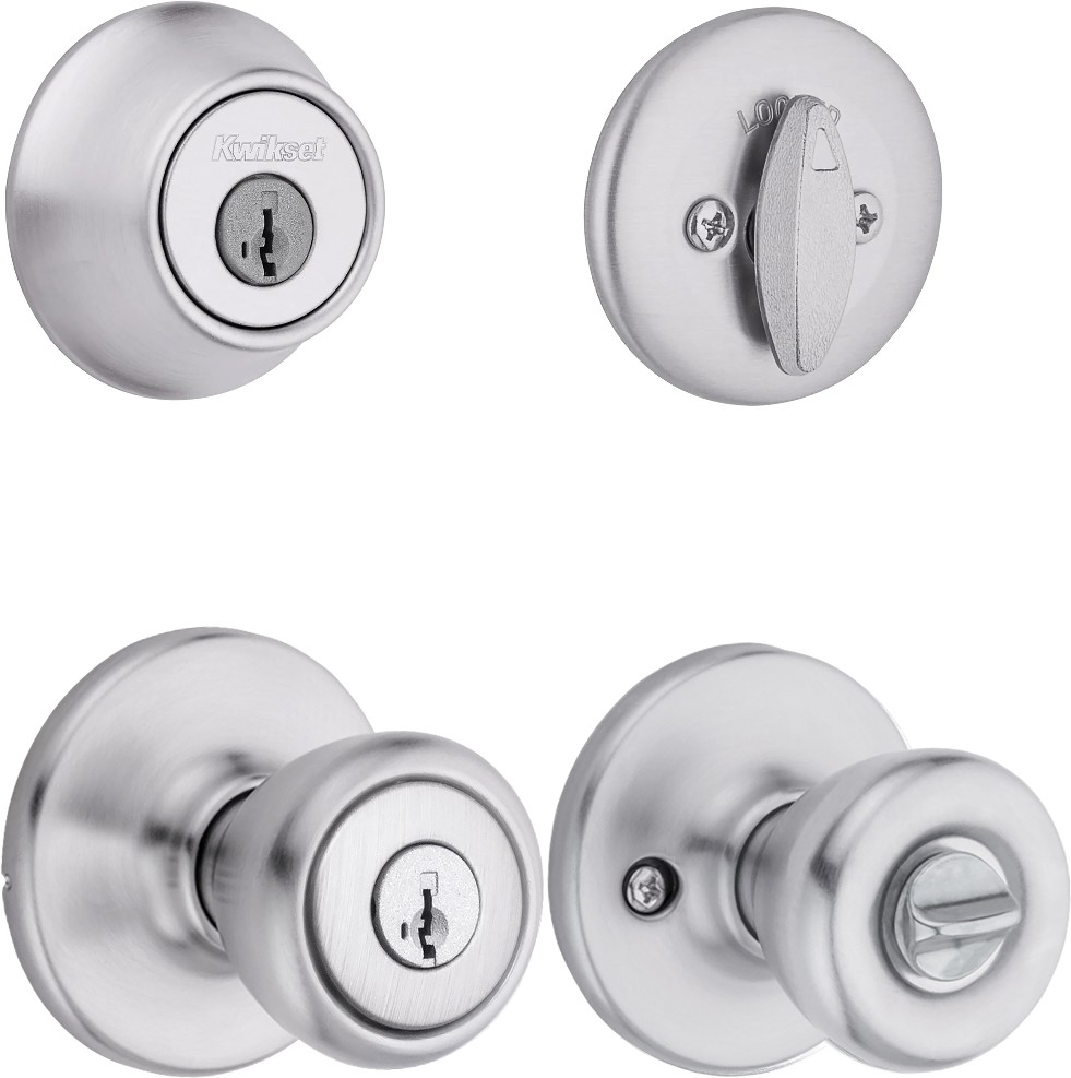 Tylo Satin Chrome Exterior Single-Cylinder Deadbolt and Keyed Entry Door Knob Combo Pack ft. SmartKey Security