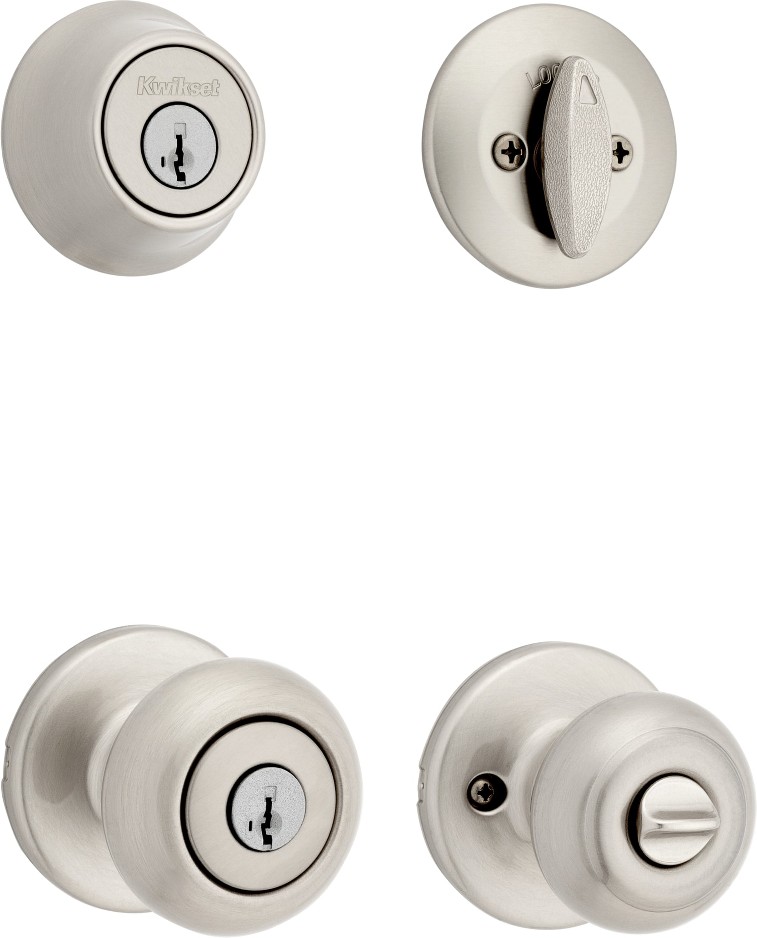 Cove Satin Nickel Exterior Single-Cylinder Deadbolt and Keyed Entry Door Knob Combo Pack ft. SmartKey Security