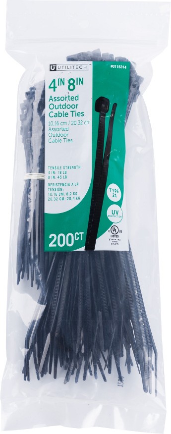 Multiple Sizes Nylon Zip ties Black with UV Protection ( 200 -Pack)