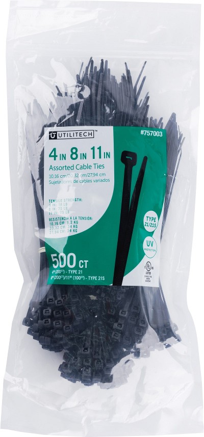 Multiple Sizes Nylon Zip ties Black with UV Protection ( 500 -Pack)
