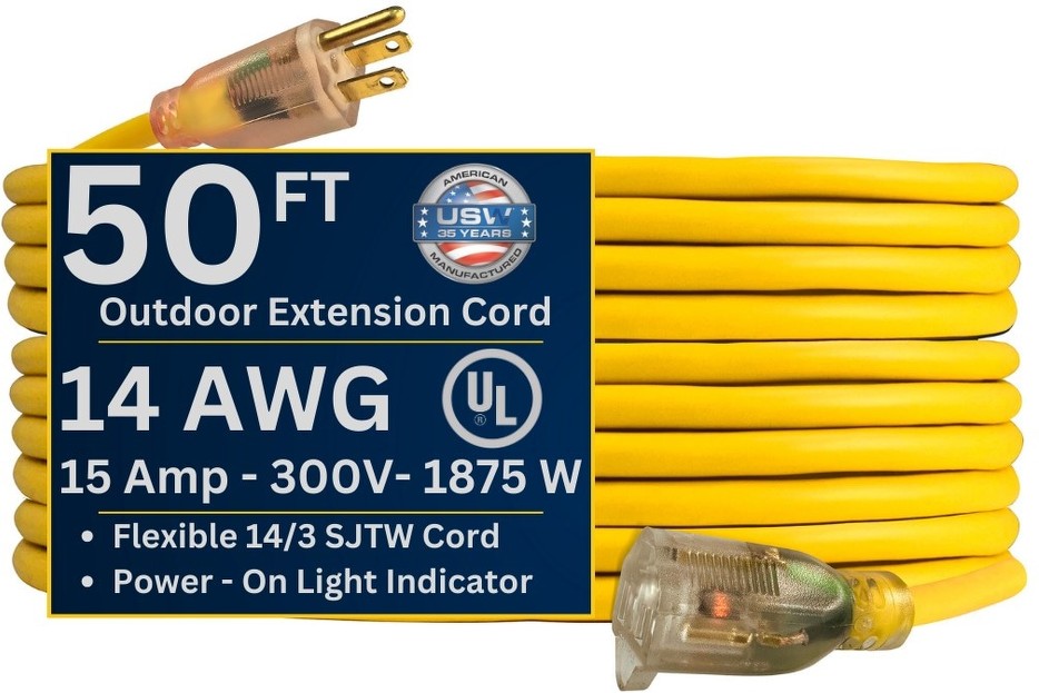 14 gauge Heavy Duty Yellow Extension Cords with Lighted Plugs 50-ft 14 / 3 3 Prong Yellow Outdoor SJTW Medium Duty Lighted Extension Cord