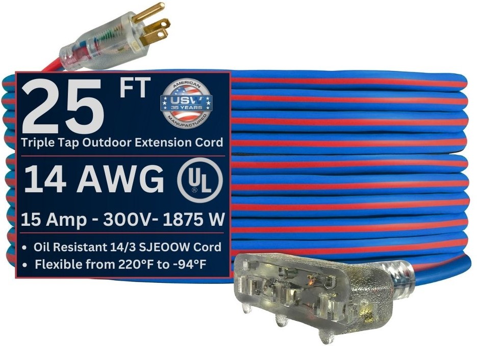 14 gauge Extreme Triple Tap All Weather Extension Cords 25-ft 14 / 3 3 Prong Blue/Red Indoor/Outdoor SJEOOW Medium Duty Lighted Extension Cord