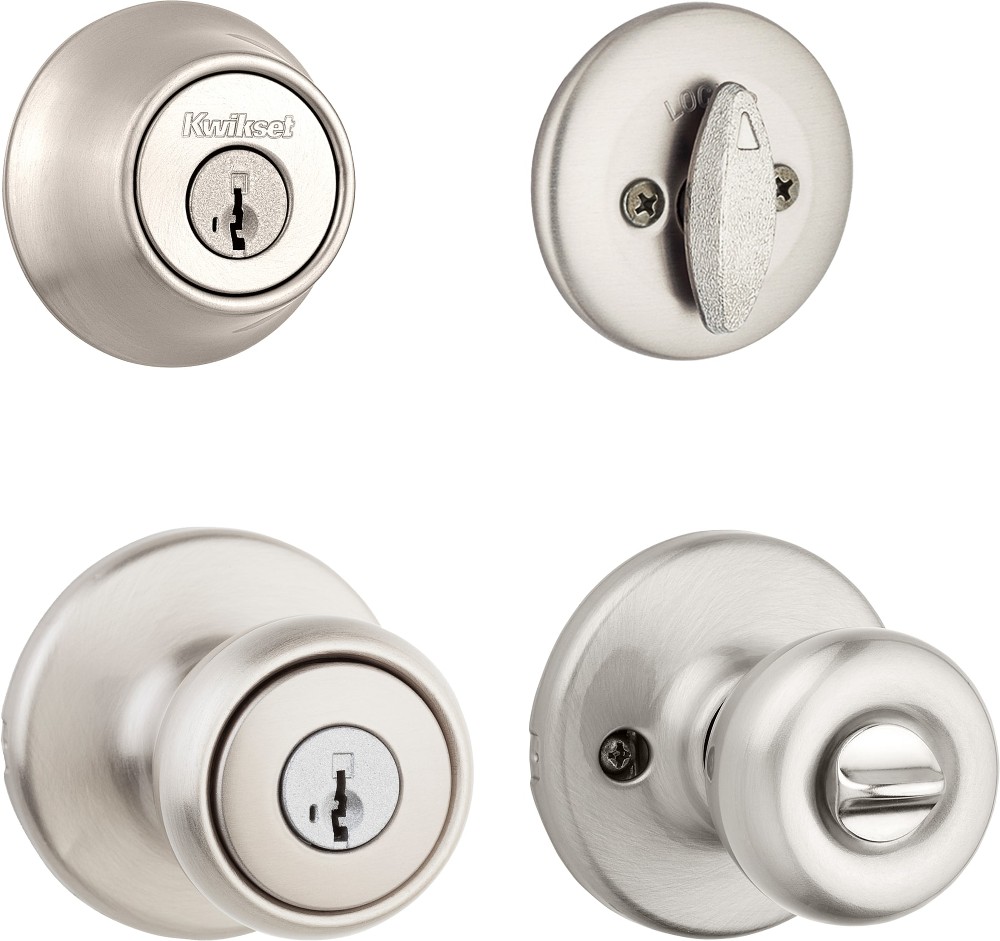 Tylo Satin Nickel Exterior Single-Cylinder Deadbolt and Keyed Entry Door Knob Combo Pack ft. SmartKey Security