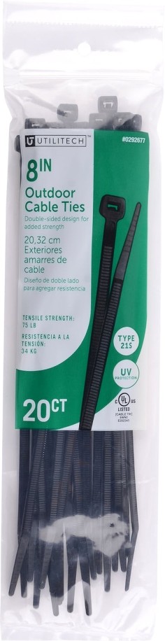 8-in 75-lb Tensile Strength Nylon Zip ties Black with UV Protection 20 -Pack