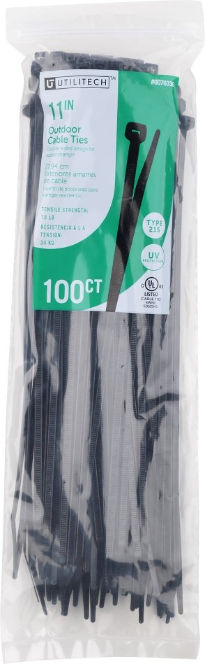 11-in 75-lb Tensile Strength Nylon Zip ties Black with UV Protection 100 -Pack