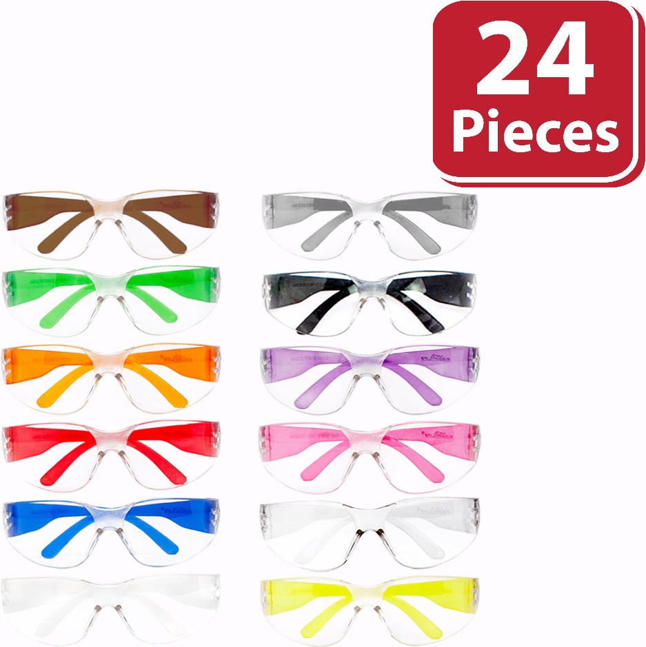 Pack of 24, Clear Lens Assorted Color Temple Anti Scratch Polycarbonate Safety Glasses