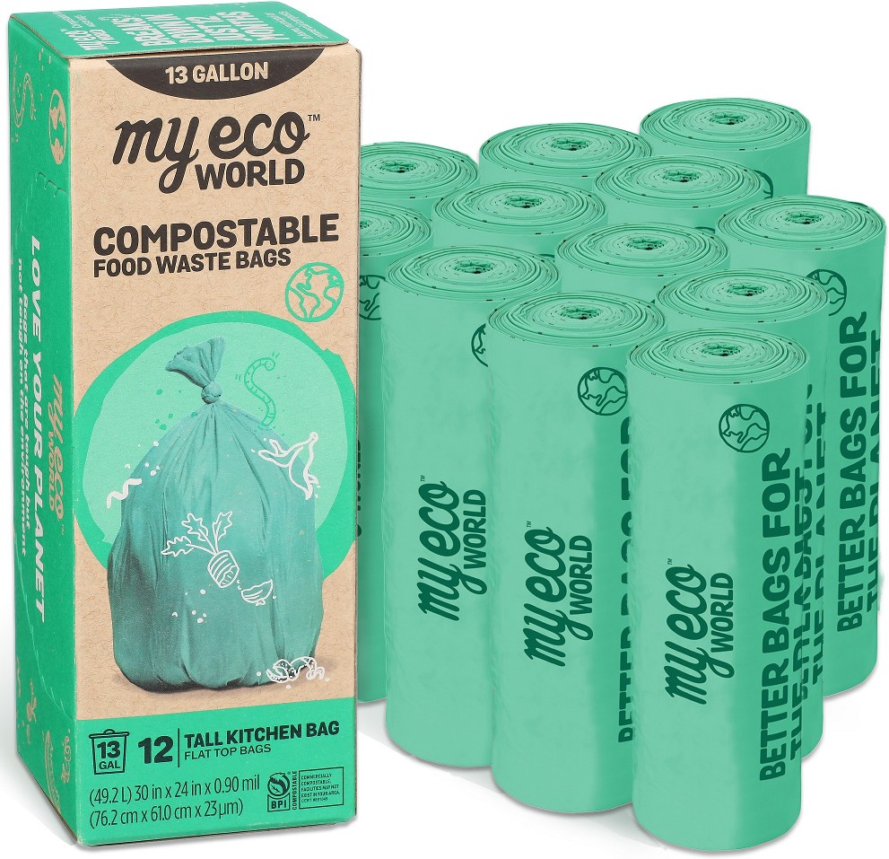 Compostable Plant Basedd 13-Gallon Green Indoor PBAT (Polybutylene Adipate Terephthalate) Kitchen Trash Bag 144 -Count