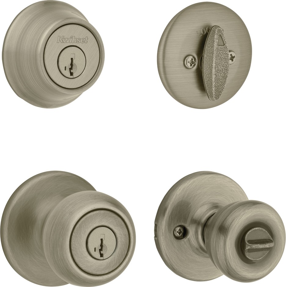 Tylo Antique Brass Exterior Single-Cylinder Deadbolt and Keyed Entry Door Knob Combo Pack ft. SmartKey Security