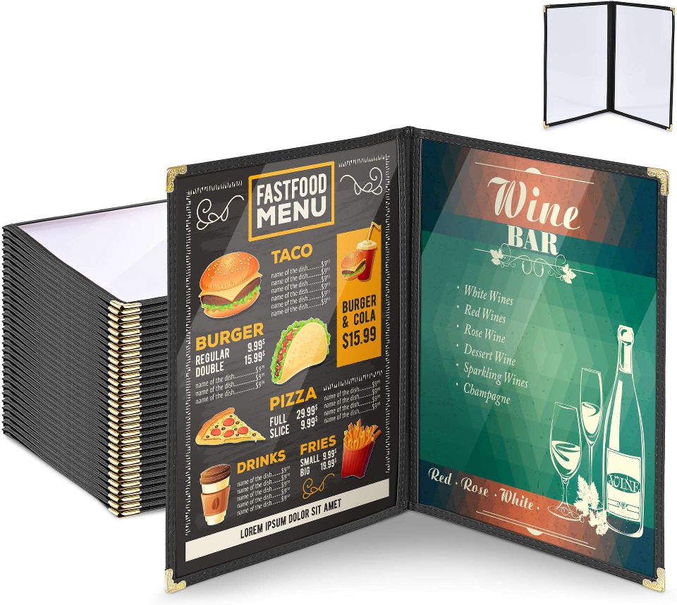 Wechef 30pcs Menu Covers 8.5x11IN Double Stitched Folder 2 Pages 4 Views Bar Restaurant Black