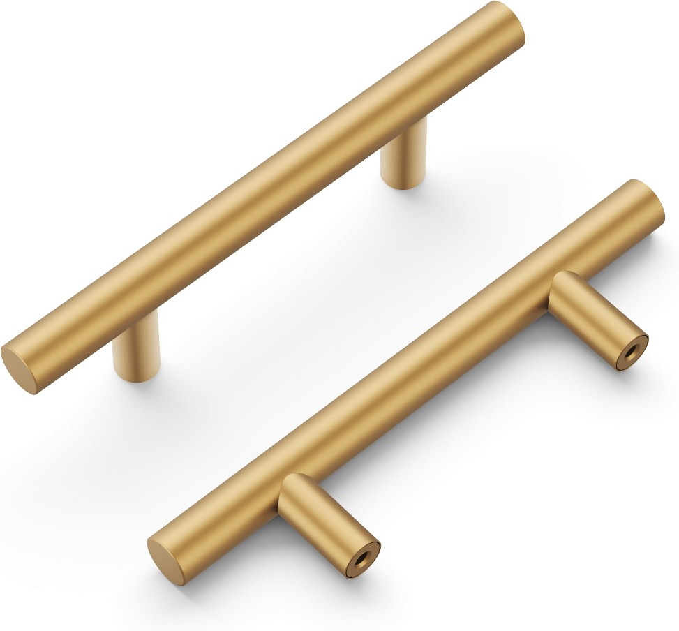 Contemporary 3-in , 76mm Center to Center Brushed Brass Cylindrical Bar Drawer Pulls 10 -Pack