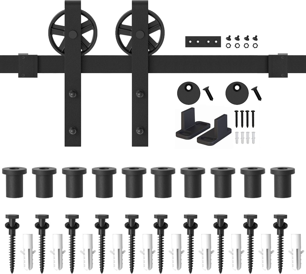 144-in Matte Matte Black Indoor Spoke Wheel Single Barn door hardware kit
