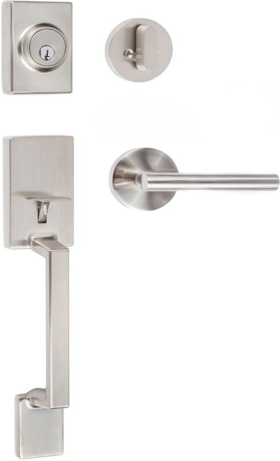 SureLoc Stockholm Satin Nickel Exterior Single-Cylinder Deadbolt and Keyed entry door handle