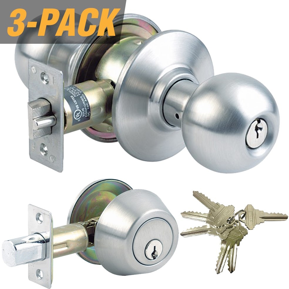 Keyed Alike Grade 3 Entry Door Stainless Steel Exterior Single-Cylinder Deadbolt and Keyed Entry Door Knob 3 -Pack