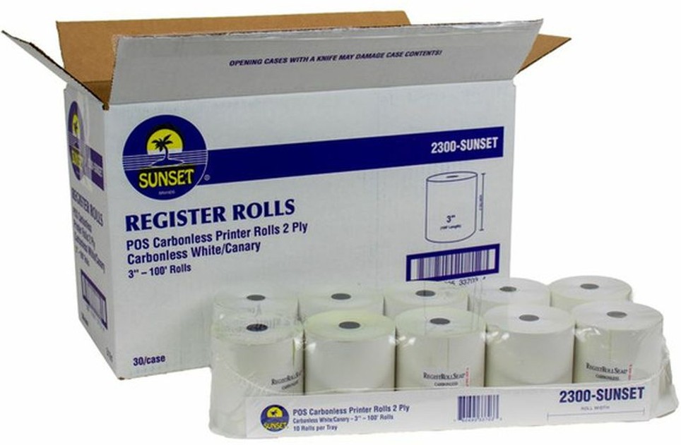 2300 - POS Carbonless Printer Rolls, 2-Ply, Carbonless, 3", 100' - 10 rolls per tray