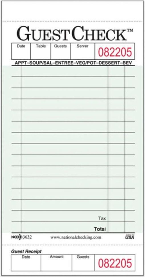 National Check - G3632SP - Guestcheck, 1 part Green 15 Line - 50 Checks per Book/50 Books per Case