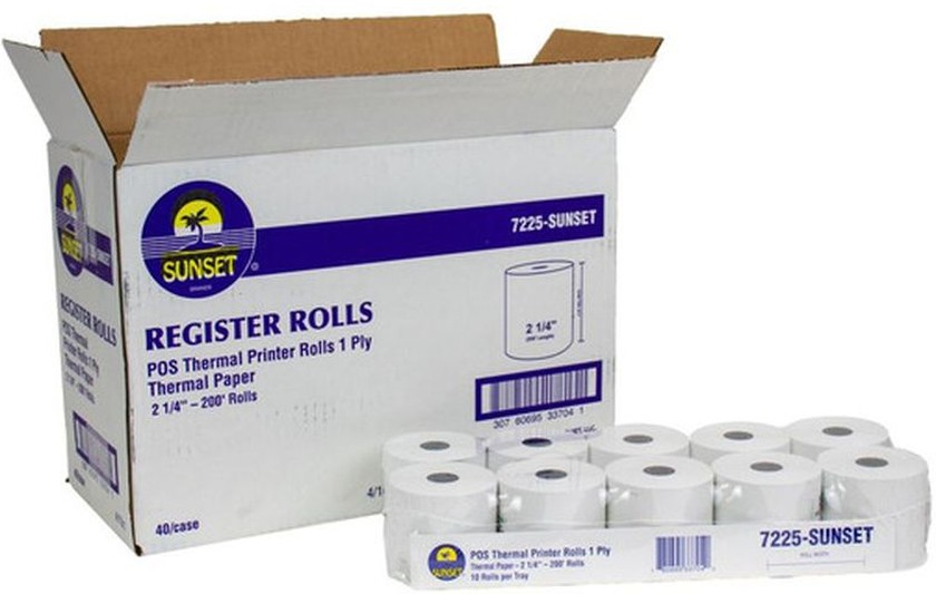 7225 - POS Thermal Printer Rolls, 1-Ply, 2-1/4", 200' - 10 rolls per tray