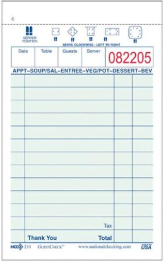 GR 210 - Guestcheck, Paper 1 Part Green 13 Line - 100 checks per book/100 books