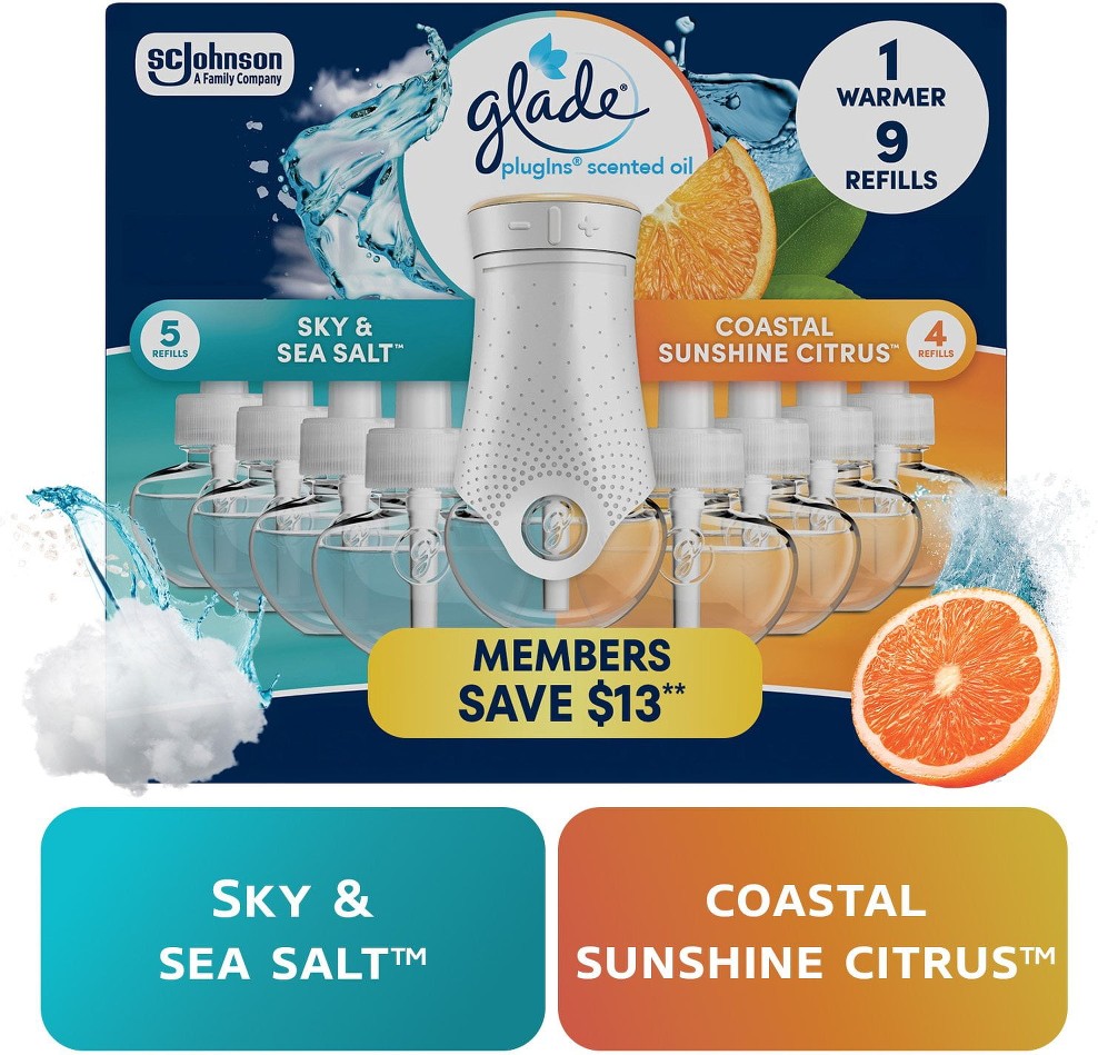 PlugIns Scented Oil, Coastal Citrus Sunshine with Sky & Sea Salt, 1 warmer + 9 refills
