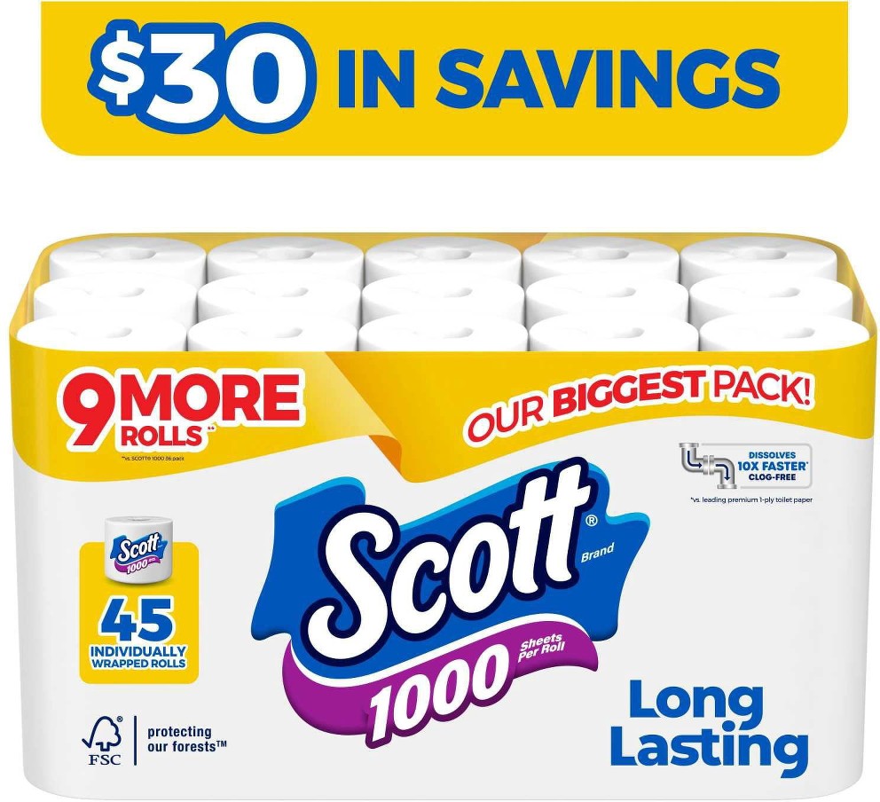 1000 1-Ply Toilet Paper 45 rolls, 1,000 sheets/roll