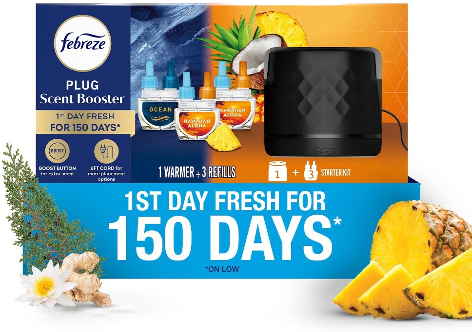 PLUG Scent Booster Oil Starter Kit, Hawaiian Aloha + Ocean, 1 Warmer + 3 Refills, 2.63 fl. oz.