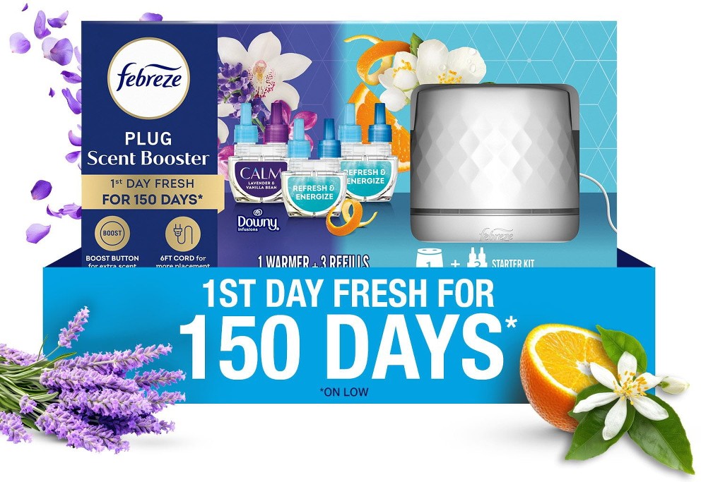 PLUG Scent Booster Oil Starter Kit, Refresh & Energize + CALM Lavender & Vanilla Bean, 1 Warmer + 3 Refills, 2.63 fl. oz.