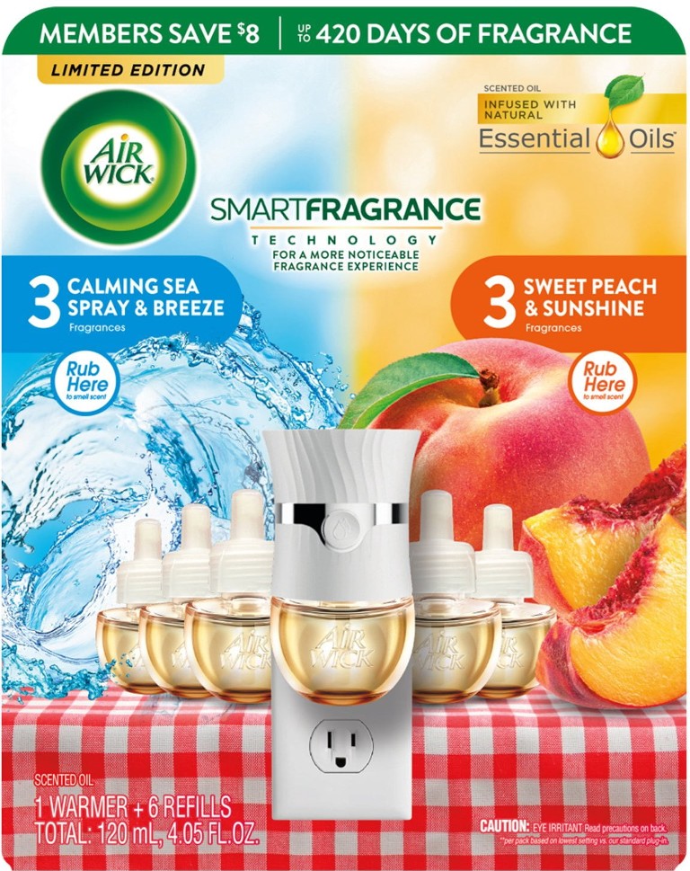 Plug In Scented Oil Air Freshener, Sea Spray & Breeze, Sweet Peach, 1 warmer + 6 refills