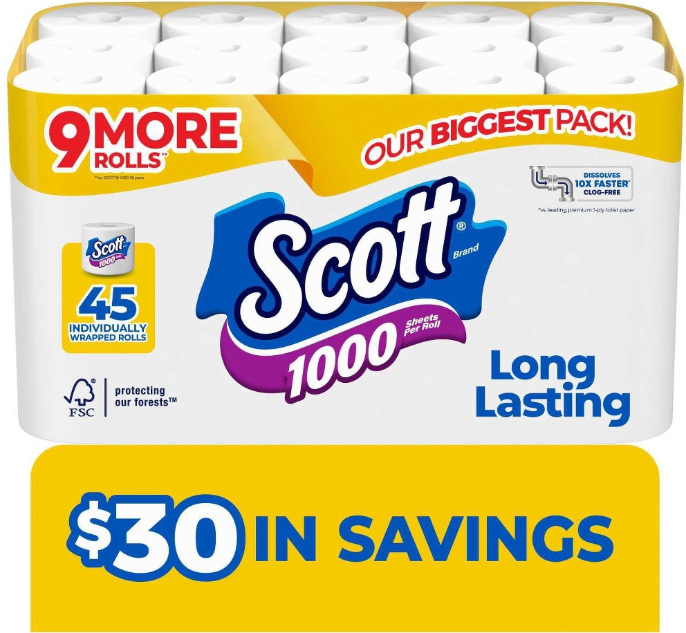 1000 1-Ply Toilet Paper 45 rolls, 1,000 sheets/roll