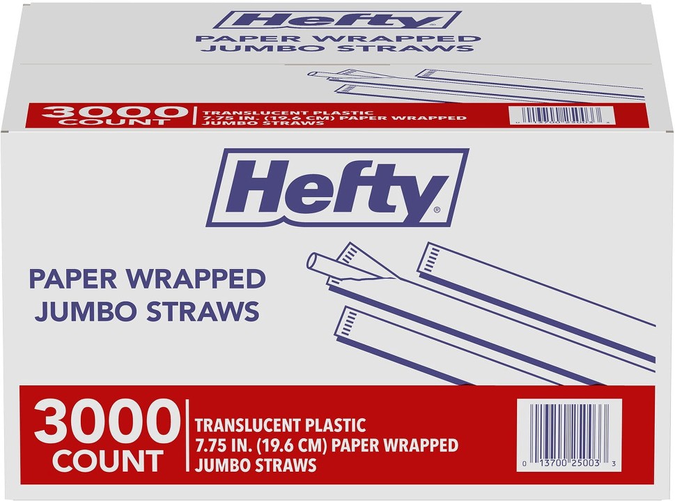 Jumbo Translucent Wrapped Plastic Straws, 7.75", 3, 000 ct.
