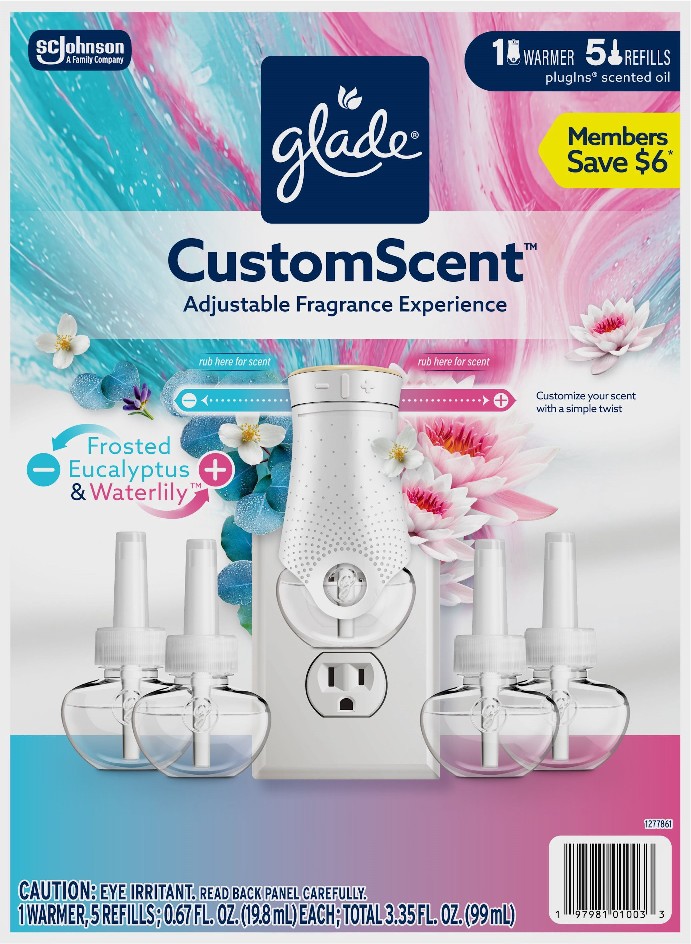 CustomScent PlugIns Scented Oils, Frosted Eucalyptus and Waterlily, 1 Warmer + 5 Refills, Total 3.35 fl. oz./ 99 ml.