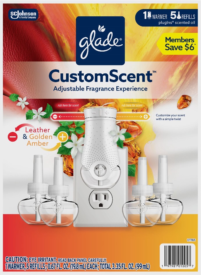 CustomScent PlugIns Scented Oils, Leather and Golden Amber, 1 Warmer + 5 Refills. Total 3.35 fl. oz./99 ml.