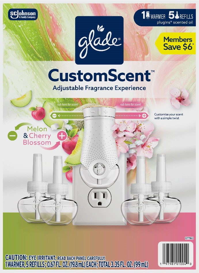 CustomScent PlugIns Scented Oils, Melon & Cherry Blossom, 1 Warmer + 5 Refills, Total 3.35 fl. oz./ 99 ml.