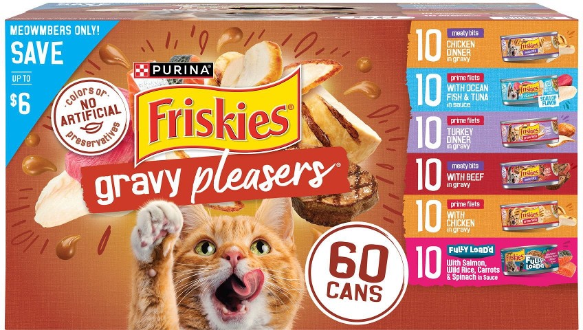 Friskies Wet Cat Food Gravy Pleasers Variety Pack with Fully Loadâ€™d, Meaty Bits, and Prime Filets, 60 ct., 5.5 oz. Cans
