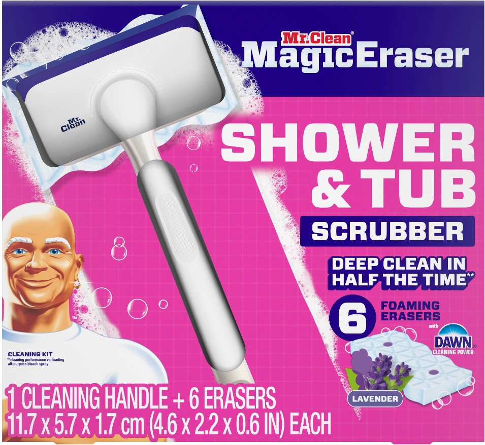 Magic Eraser Shower & Tub Scrubber Starter Kit, Lavender, 1 Scrubber + 6 Erasers