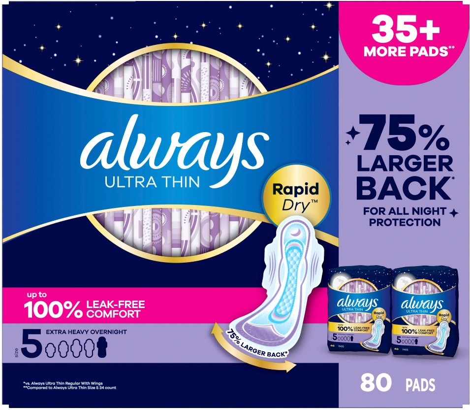 Ultra Thin Overnight Pads with Wings, Size 5, 80 ct.