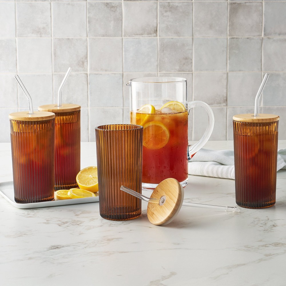 4-Pack Glass Tumblers with Bamboo Lids