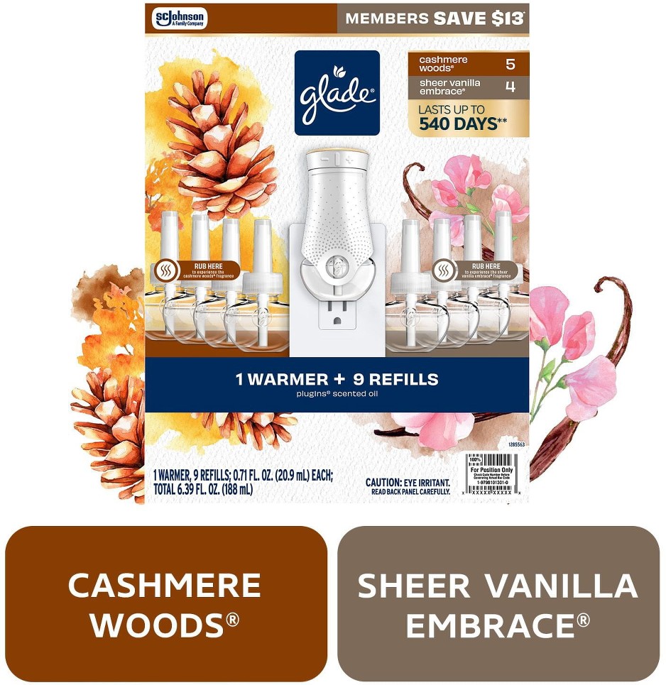 PlugIns Scented Oil, Cashmere Woods with Sheer Vanilla Embrace, 1 Warmer + 9 Refills
