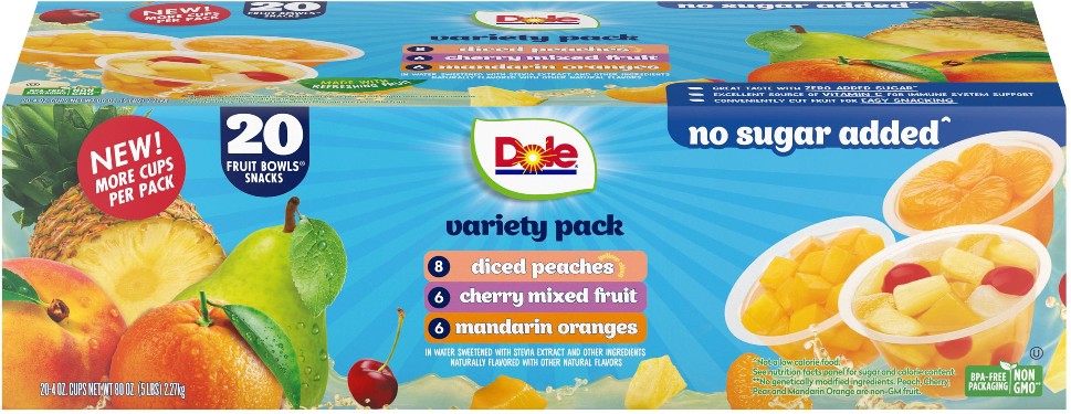 No Sugar Added Fruit Bowls in Water, Variety Pack, 4 oz., 20 pk.