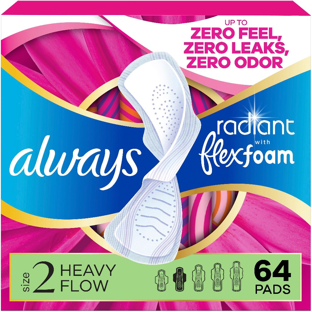 Radiant FlexFoam Heavy Flow Pads, Unscented, Size 2, 64 ct.