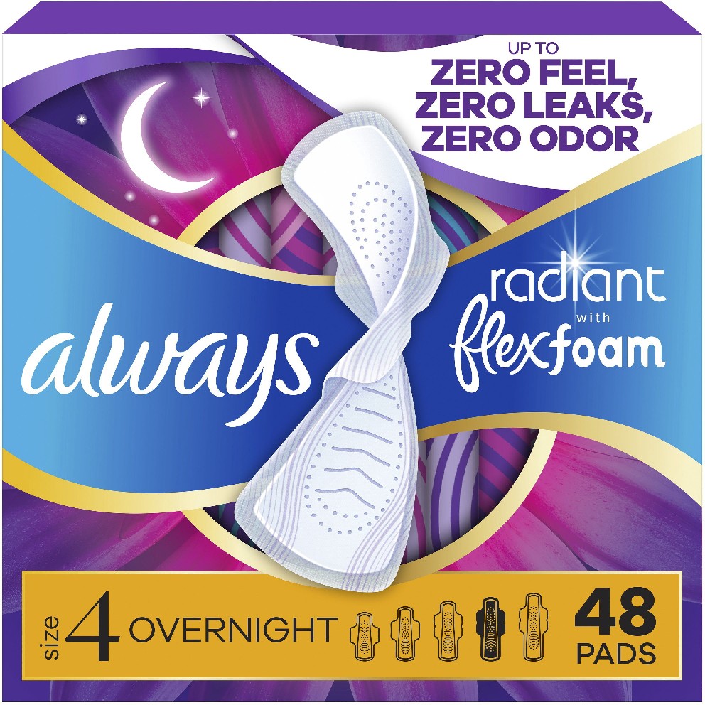 Radiant FlexFoam Overnight Pads, Unscented, Size 4, 48 ct.