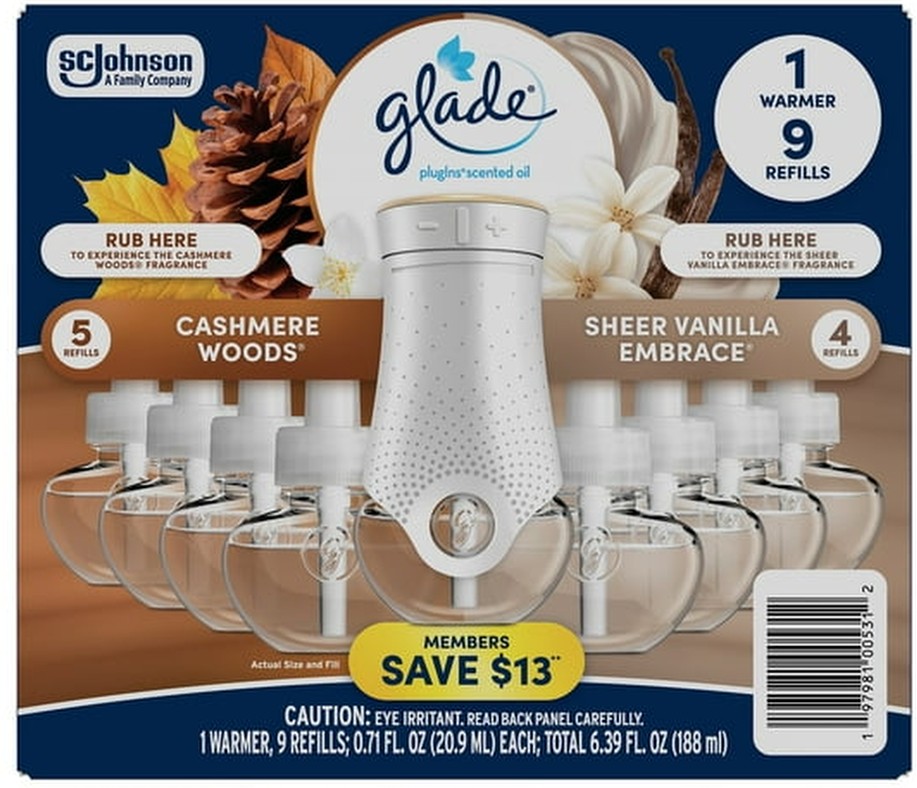 PlugIns Scented Oil, Cashmere Woods with Sheer Vanilla Embrace, 1 Warmer + 9 Refills