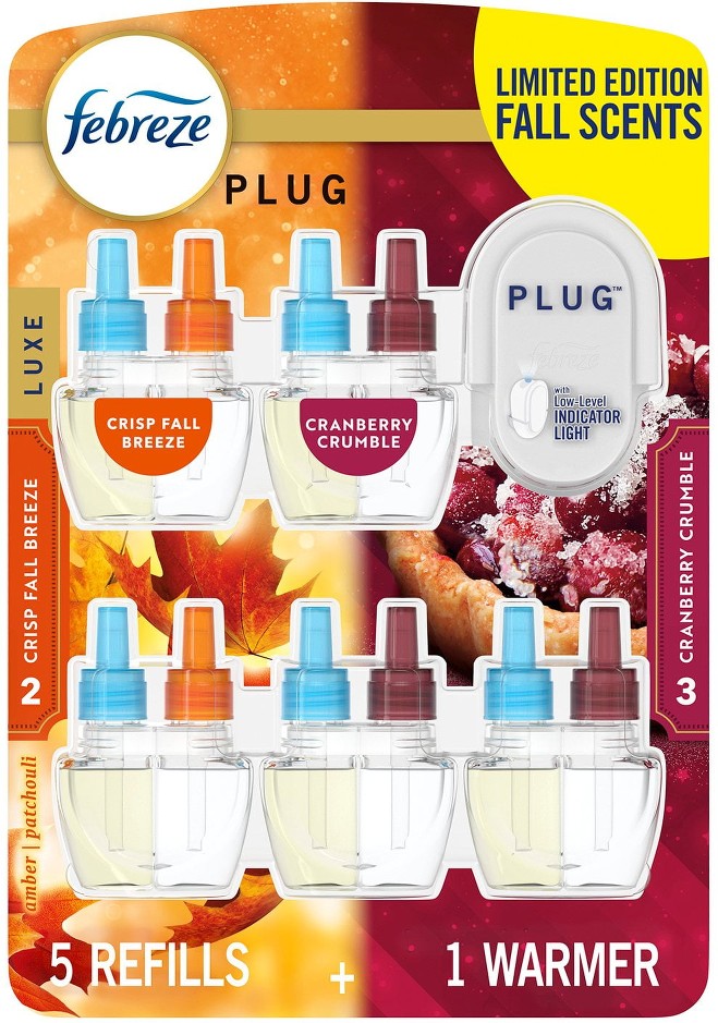 PLUG Air Freshener, Cranberry Crumble & Crisp Fall Breeze, 1 Warmer + 5 Refills, 4.35 fl. oz.