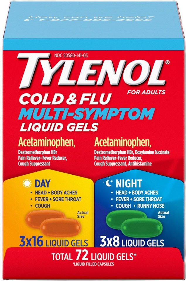 Tylenol Cold + Flu Multi-Symptom Liquid Gels, Day/Night, 72 ct.