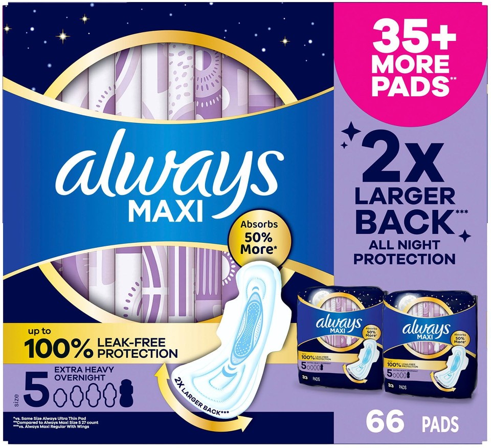 Maxi Overnight Pads with Wings, Size 5, 66 ct.