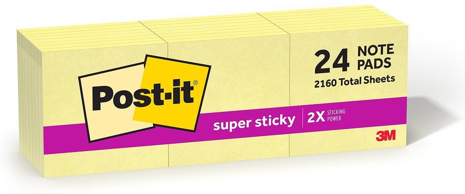 Super Sticky Notes, Canary Yellow, 3 in. x 3 in., 24 Pads