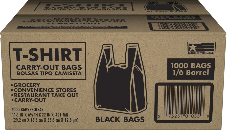 Black T-Shirt Carryout Bags, 11.5" x 6.5" x 22" 1000 ct.