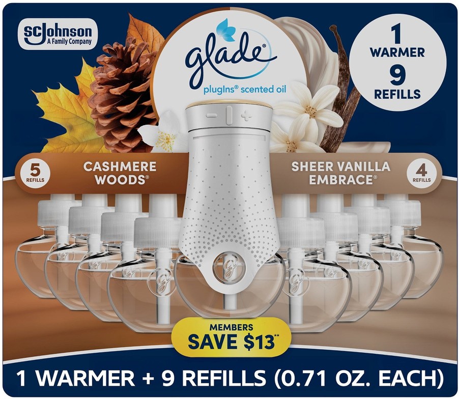 PlugIns Scented Oil, Cashmere Woods with Sheer Vanilla Embrace, 1 Warmer + 9 Refills